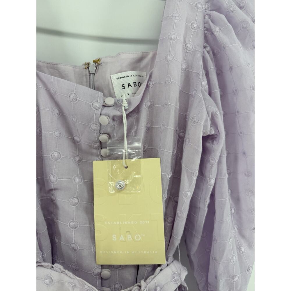 SABO Belted Larose Dress Lilac Square Neckline Puff Sleeves Vintage Flair Size 4 - Picture 5 of 11